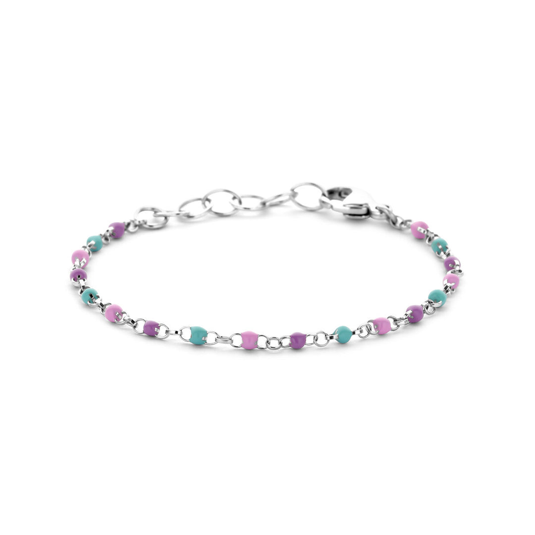 De Van der Kooij Collectie armband bolletjes gekleurd emaille is een gehodineerde zilveren armband van 11 + 2 cm met afwisselend teal en paarse emaille bolletjes, voorzien van een karabijnsluiting en verlengketting.