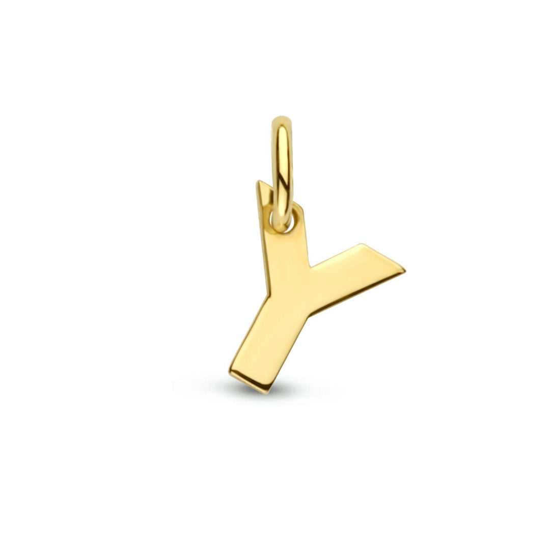 De hanger letter 14K geelgoud van Van der Kooij Collectie, met een gepolijste afwerking in de vorm van een Y, is gefotografeerd tegen een witte achtergrond - ideaal voor liefhebbers van stijlvolle letterhangers.