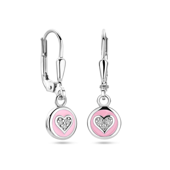 earrings heart zirconia and pink enamel brisur hook silver rhodium plated