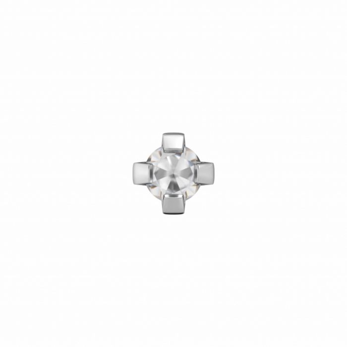 De Studex schietoorbellen chaton witte steen 2.0mm staal is een enkele witte steen oorsteker in een stalen zetting, ideaal voor gaatjes laten schieten en afgebeeld op een effen witte achtergrond.