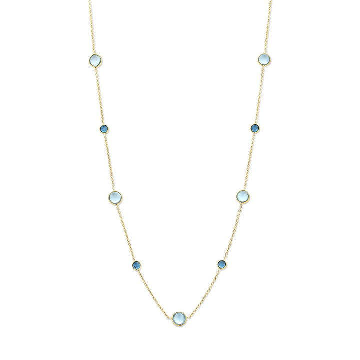 De Van der Kooij Collectie collier blauw topaas en london blue topaas is een 14K geelgouden dames ketting met afwisselend kleine blauw en london blue topaas stenen over de elegante ketting van 42-45 cm.
