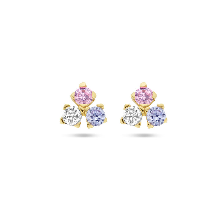 ear studs blue, pink and white zirconia 14K yellow gold