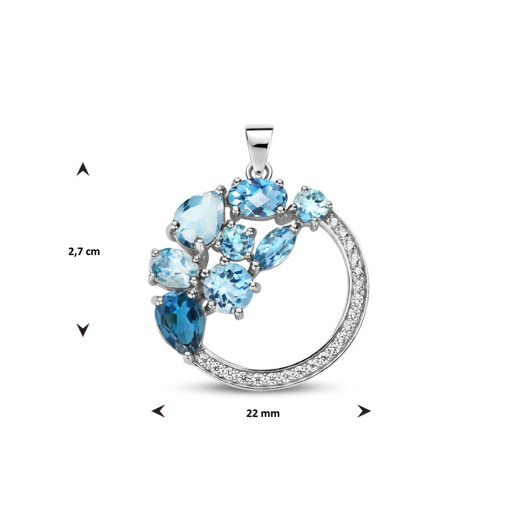 pendant round blue topaz and zirconia silver rhodium plated