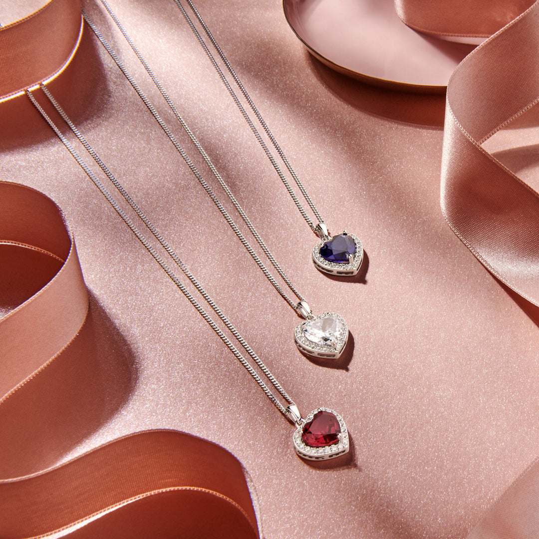 pendant heart synth. ruby and zirconia halo silver rhodium plated