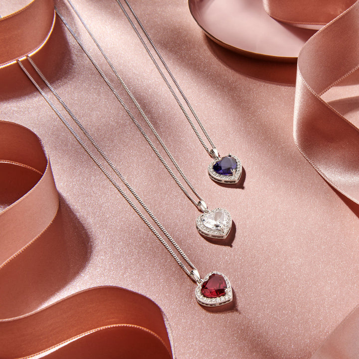 pendant heart synth. ruby and zirconia halo silver rhodium plated