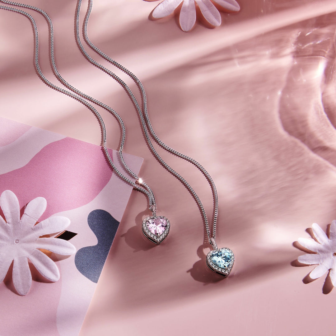 pendant heart white and pink zirconia halo silver rhodium plated