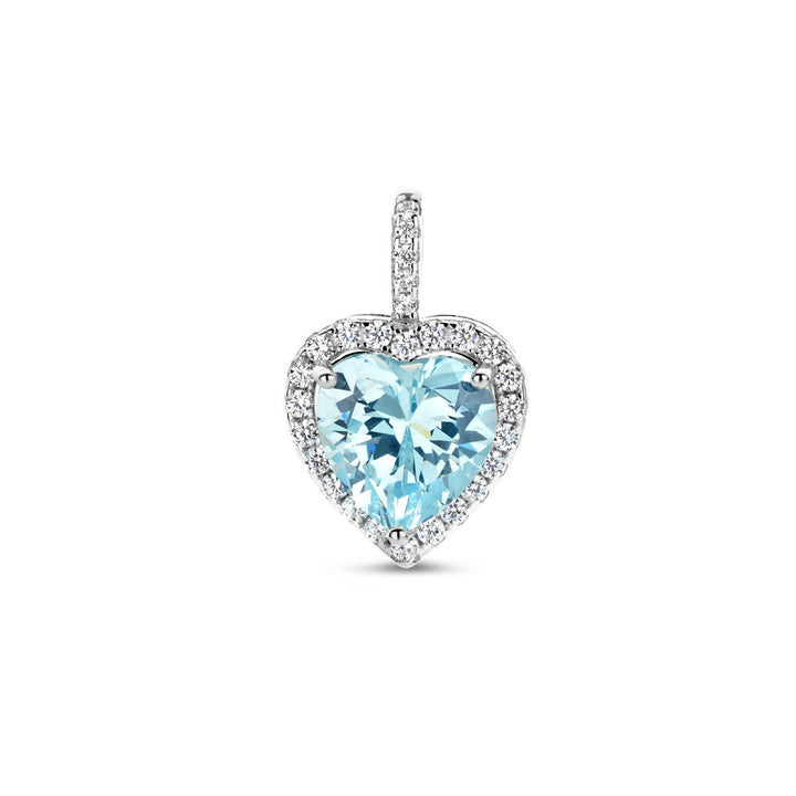 pendant heart white and aquamarine colored zirconia halo silver rhodium plated