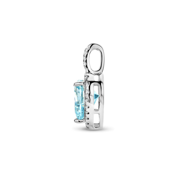 pendant heart white and aquamarine colored zirconia halo silver rhodium plated