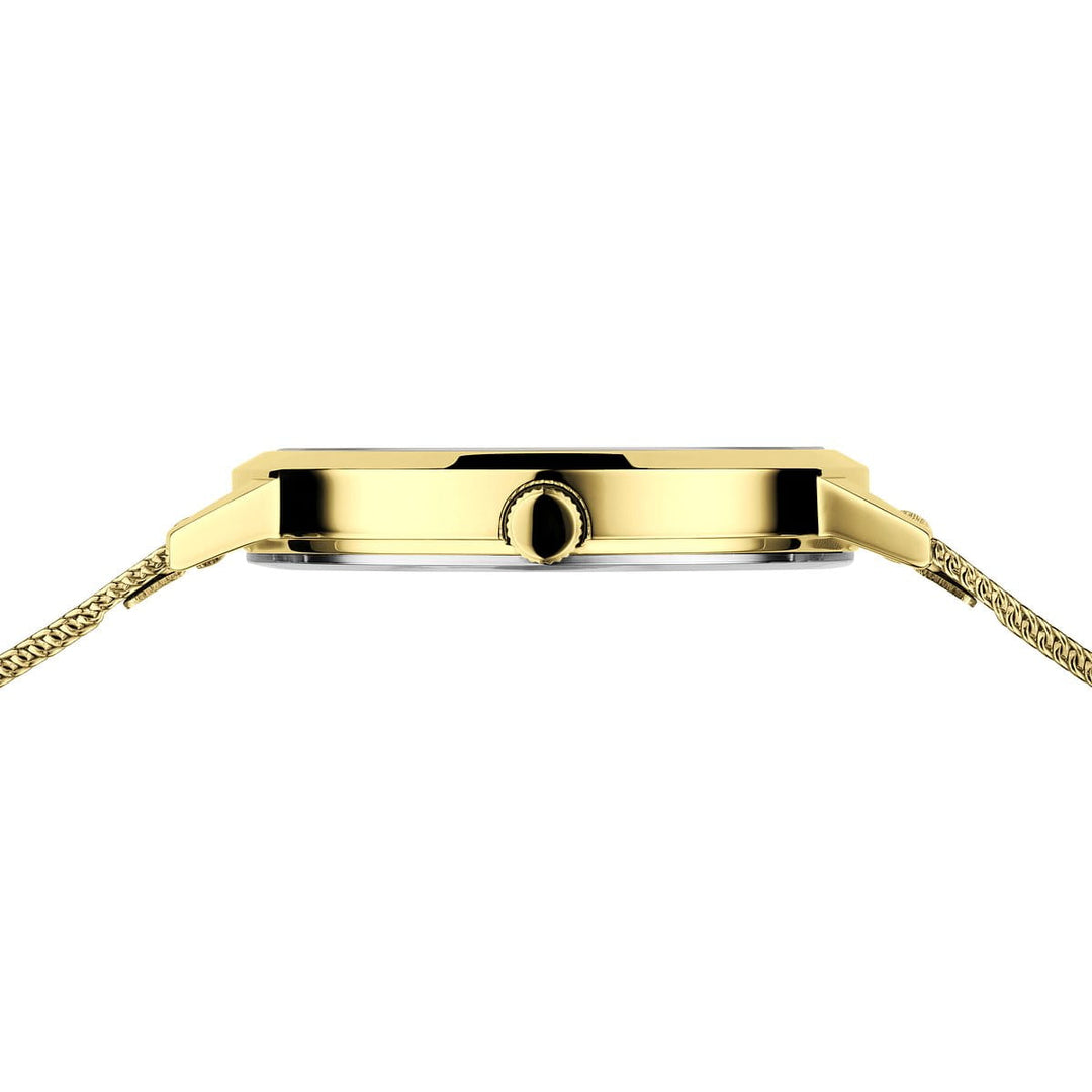 Zijaanzicht van het Bering dames horloge zwarte wijzerplaat 13434-332, een slank dameshorloge met een ronde kroon en goudkleurige Milanees band, afgebeeld tegen een witte achtergrond. Merk: Bering.