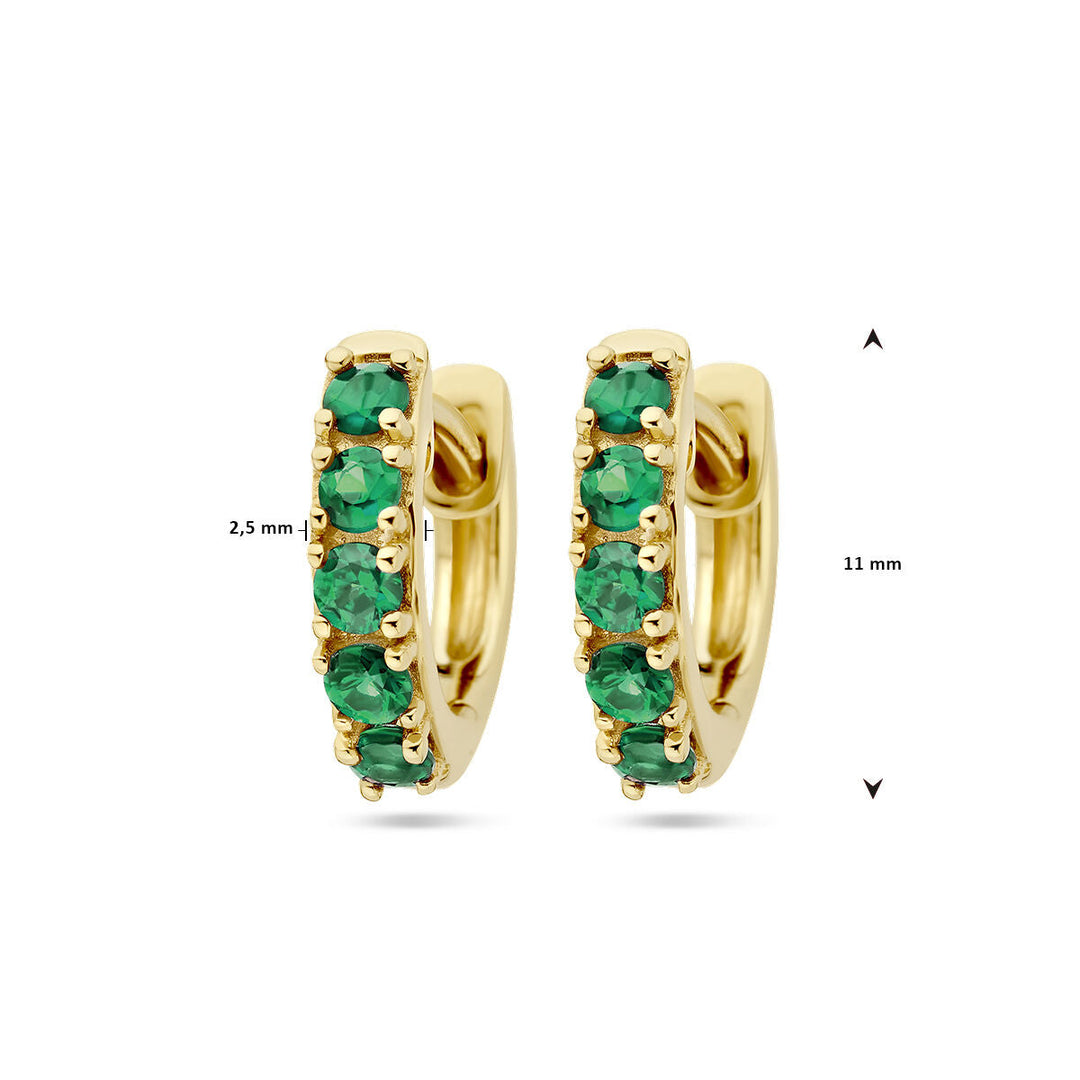 Een paar Van der Kooij Collectie klapoorringen smaragd 14K geelgoud, elk bezet met zes ronde smaragden (ca. 2,5 mm breed, 11 mm hoog).