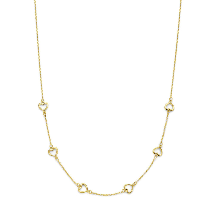 De Gouden dames ketting hartjes 14K van Van der Kooij Collectie heeft delicate open hart bedels gelijkmatig verdeeld langs een fijne gouden ketting.