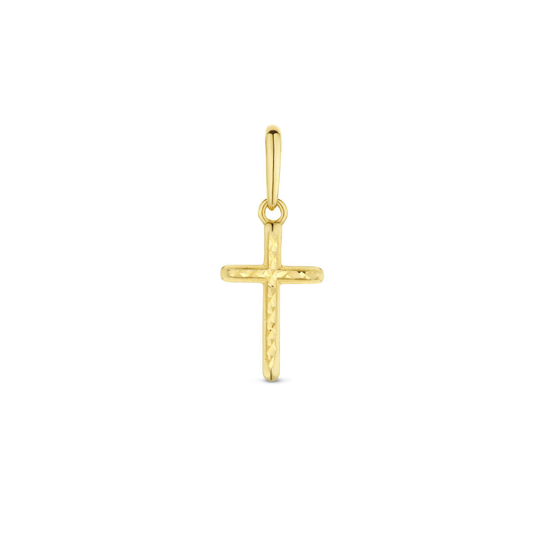 De Van der Kooij Collectie hanger kruis gediamanteerd 14K geelgoud is een kleine geelgouden kruis hanger met een eenvoudige lus om aan een collier te bevestigen, afgebeeld op een effen witte achtergrond.