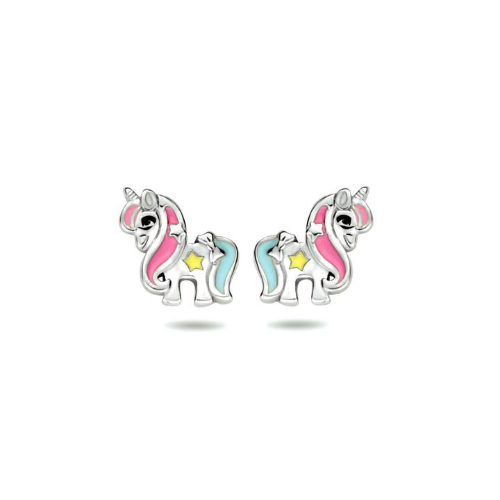 Van der Kooij Collectie oorknoppen eenhoorn zilver gerhodineerd: eenhoornvormige studs met roze en blauwe manen, gele zijsterren en glanzend zilverkleurig, afgebeeld op een witte achtergrond - perfecte kinderoorbellen.