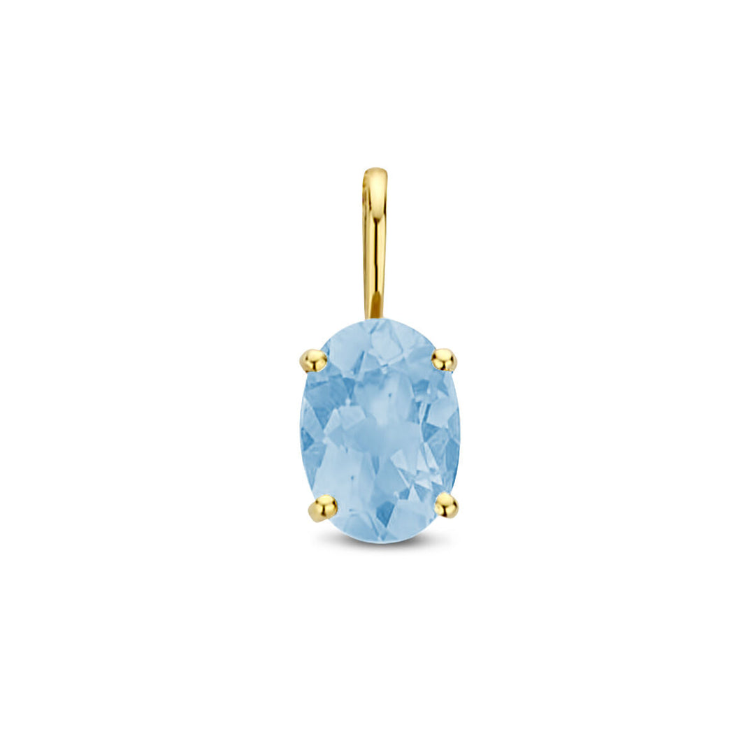 De hanger blauw topaas 14K geelgoud uit de Van der Kooij Collectie heeft een ovale, facetgeslepen Zwitserse blauwe topaas in een viersprong zetting met een slanke gouden bail, die de elegante stijl van Van der Kooij weerspiegelt.