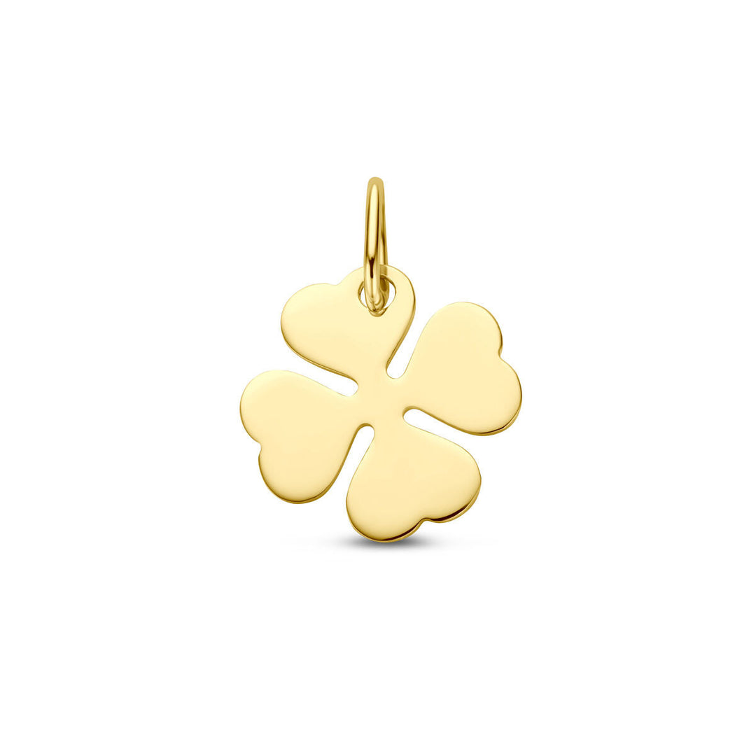 De Van der Kooij Collectie hanger klaver 14K geelgoud heeft hartvormige blaadjes en een klein oogje bovenaan om eenvoudig aan een ketting of armband te bevestigen, ideaal als dames klaverhanger en getoond op een witte achtergrond.
