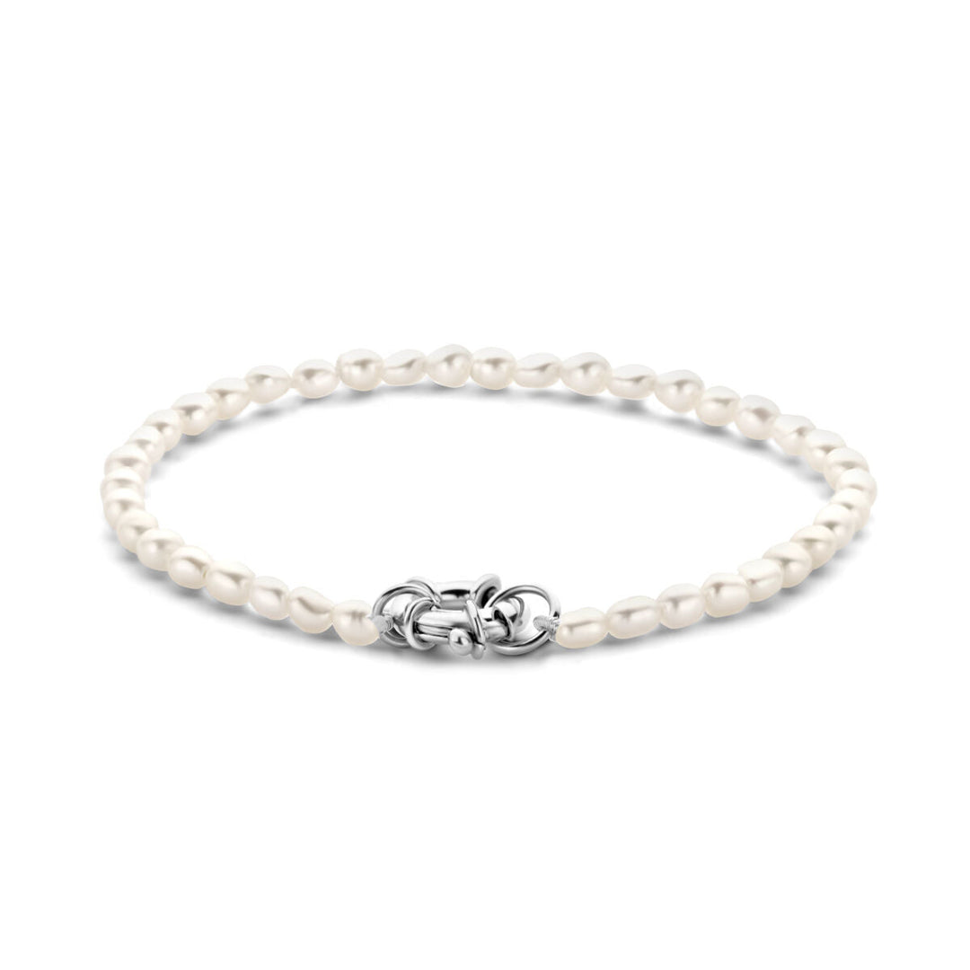 Zilveren armband dames parel met groot springslot gerhodineerd