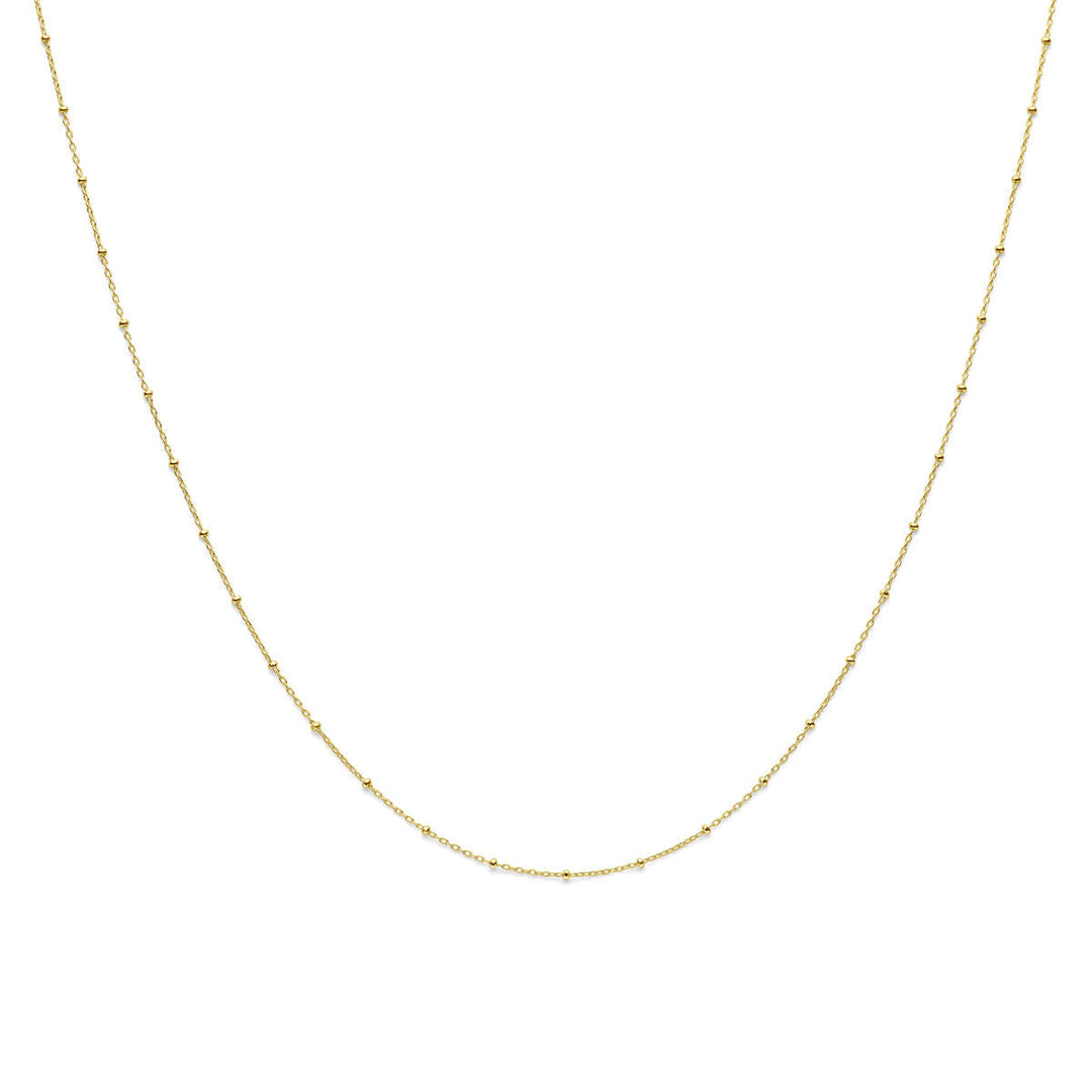 Het Van der Kooij Collectie collier bolletjes 1,3 mm 41 + 3 cm in 14K geelgoud heeft een delicaat ankerschakelontwerp met kleine kraaltjes, afgebeeld op een witte achtergrond-een tijdloos sieraad perfect voor elke gelegenheid.