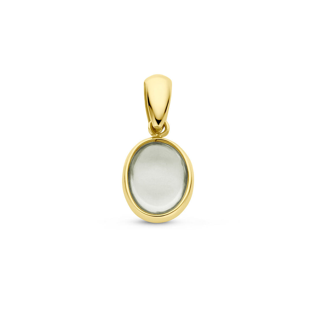 De Van der Kooij Collectie hanger groen amethist 14K geelgoud is een dames sieraad met een ovaal transparante edelsteen in een eenvoudige gouden zetting, afgebeeld op een witte achtergrond.