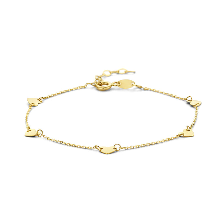 De Gouden armband dames hartjes 14K van Van der Kooij Collectie heeft vijf kleine hartjes, een karabijnsluiting en verstelbare lengtes.