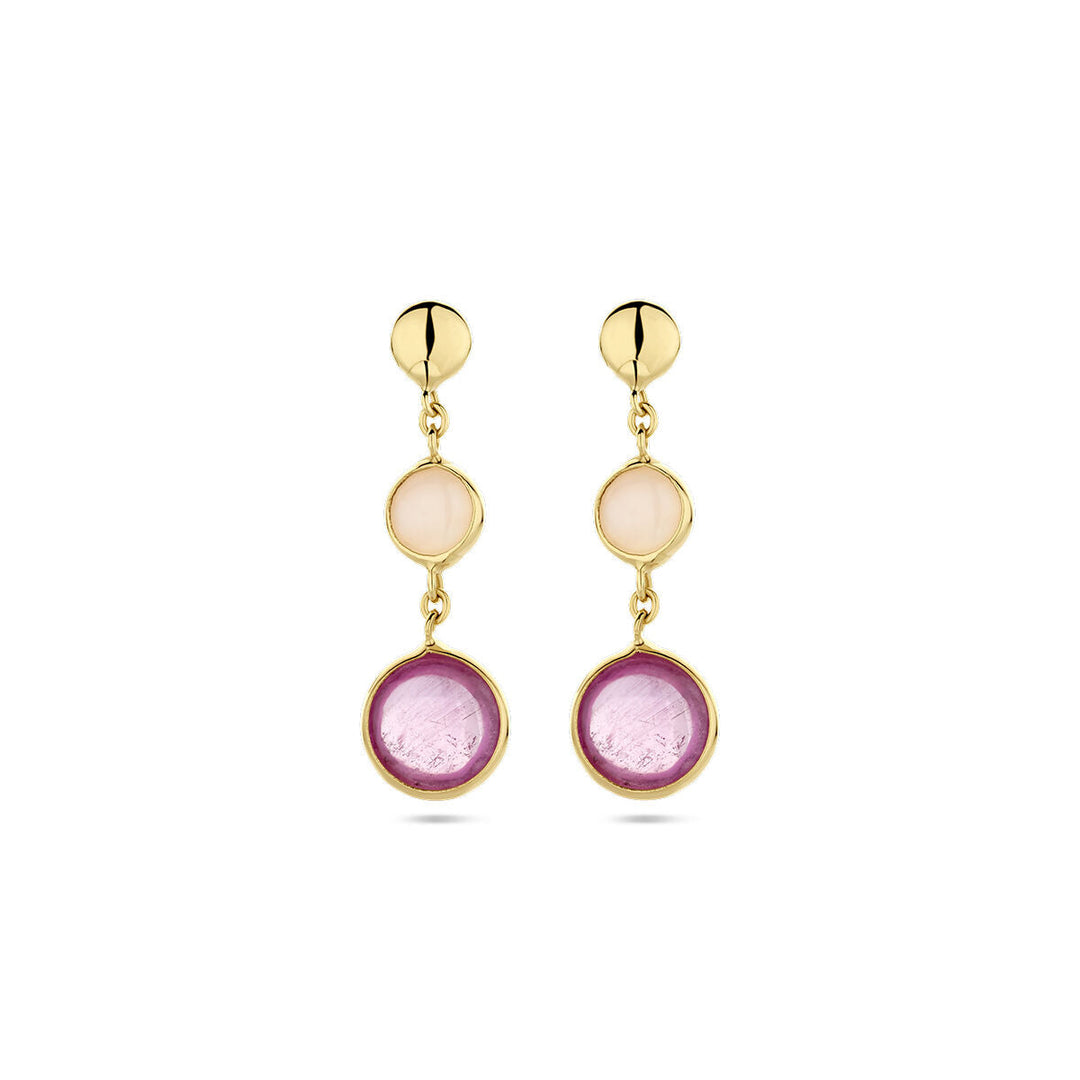 oorhangers roze robijn en roze opaal 14K geelgoud