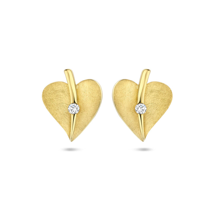 oorknoppen hart gescratcht diamant 0.04ct (2x 0.02ct) h si 14K geelgoud