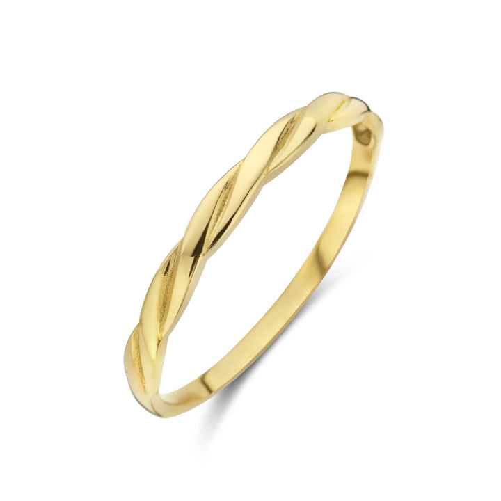 De Van der Kooij Collectie ring gedraaid 14K geelgoud is een delicate damesring met een gedraaid ontwerp, elegant gepresenteerd op een witte achtergrond.