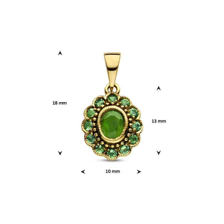 De hanger smaragd 14K geelgoud uit de Van der Kooij Collectie combineert klassieke elegantie met een centrale smaragd, omlijst door kleine groene stenen in bloemmotief. Afmetingen: 18 x 13 x 10 mm.