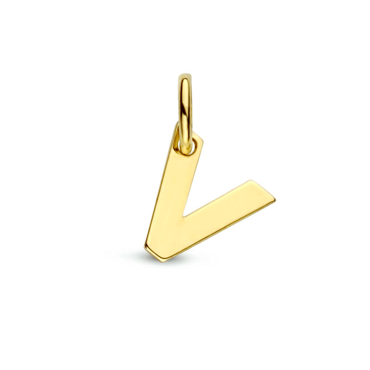 De hangerletter 14K geelgoud van Van der Kooij Collectie is een gouden hanger in de vorm van de letter V, met een klein lusje voor eenvoudige bevestiging. Uit de elegante letterhangerscollectie, afgebeeld tegen een witte achtergrond.