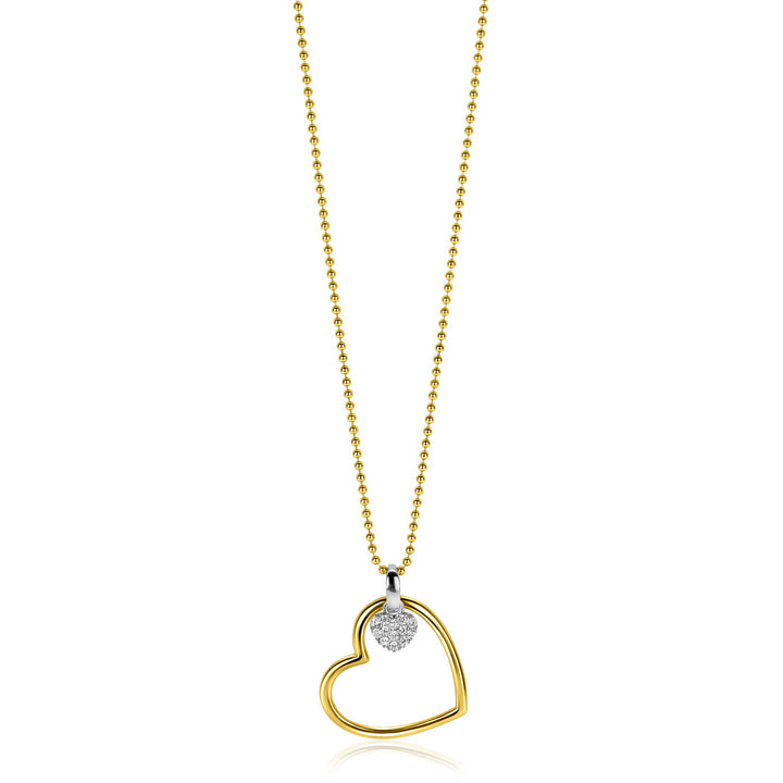 De Zinzi ketting ZIC2621 (45-48 cm) heeft een gouden kralenketting met een open harthanger en een getextureerd zilveren hart. Deze ketting combineert elegantie en contrast voor een tijdloze tweekleurige look van Zinzi.