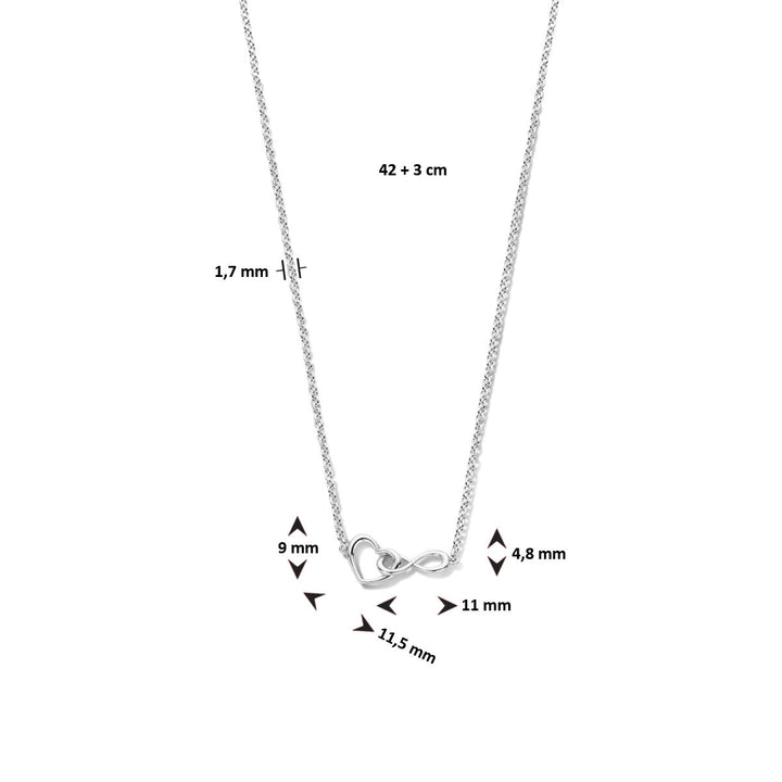 necklace heart and infinity 42 + 3 cm silver rhodium plated
