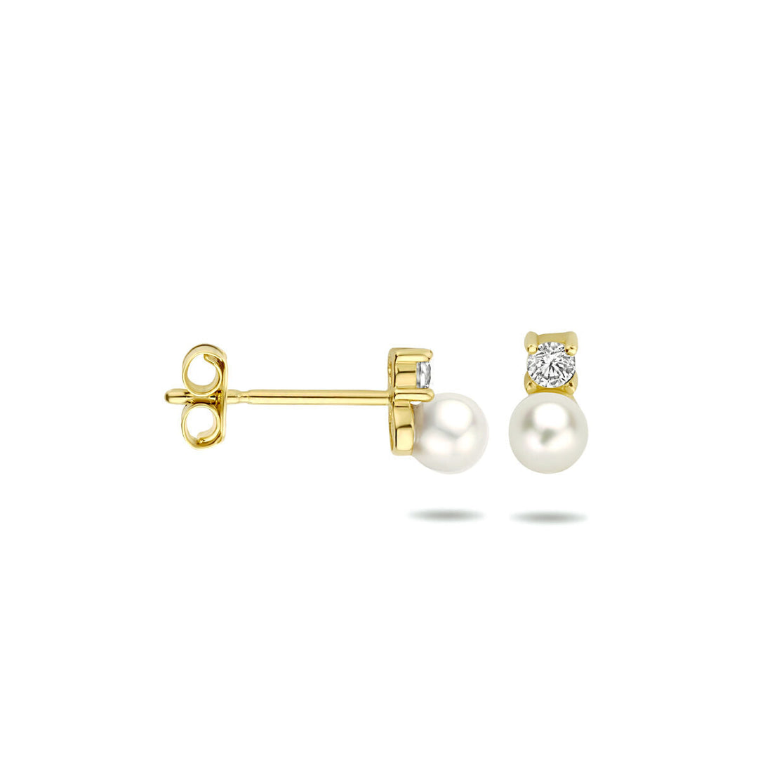 ear studs pearl and zirconia 14K yellow gold