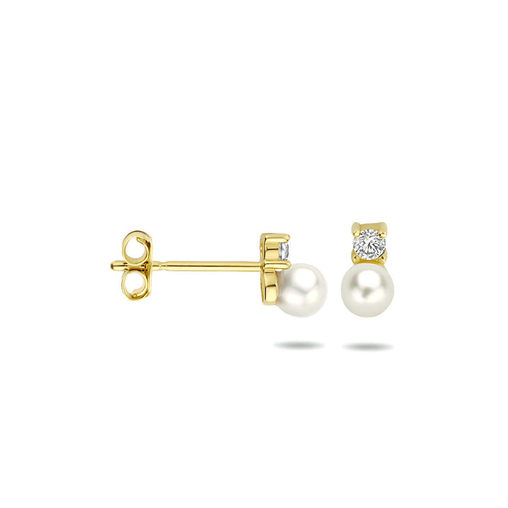 ear studs pearl and zirconia 14K yellow gold