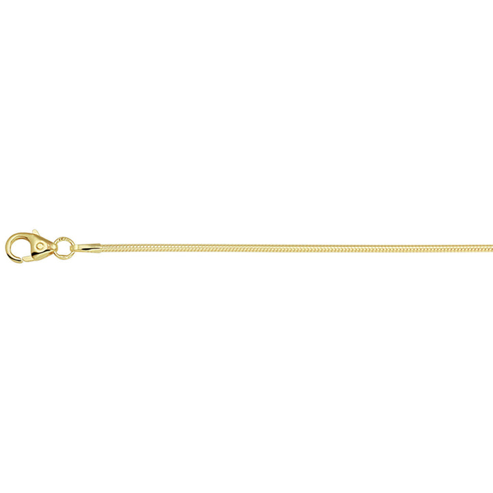 De Gouden armband heren slang rond 1,2 mm 14K van Van der Kooij Collectie is een elegante accessoire met karabijnsluiting, perfect voor elke gelegenheid en getoond tegen een witte achtergrond.