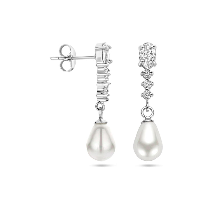 zirconia and pearl silver rhodium plated earrings