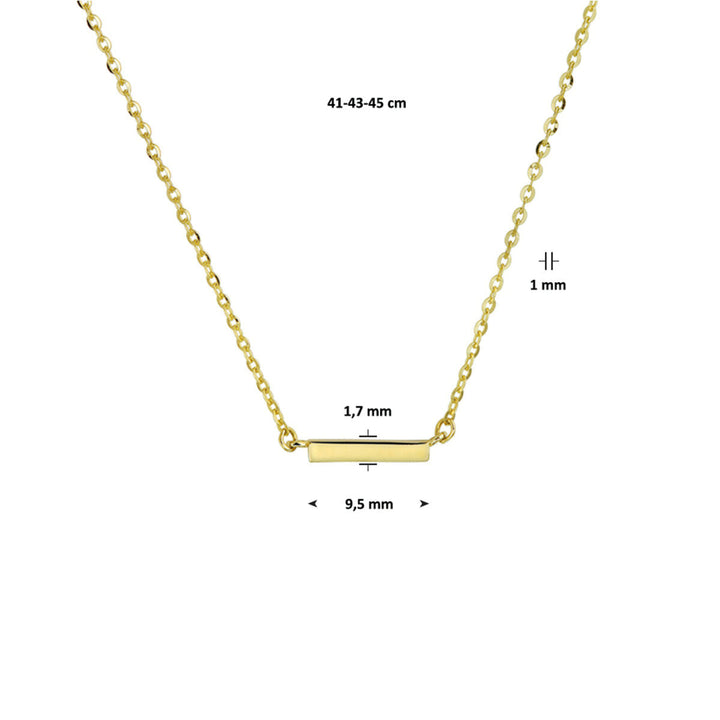 Het Van der Kooij Collectie collier balkje is een 14K geelgoud collier met een verstelbare ankerschakel ketting (41-45 cm) en een horizontale bar hanger (9,5 × 1,7 × 1 mm). Alle maten staan op de afbeelding.