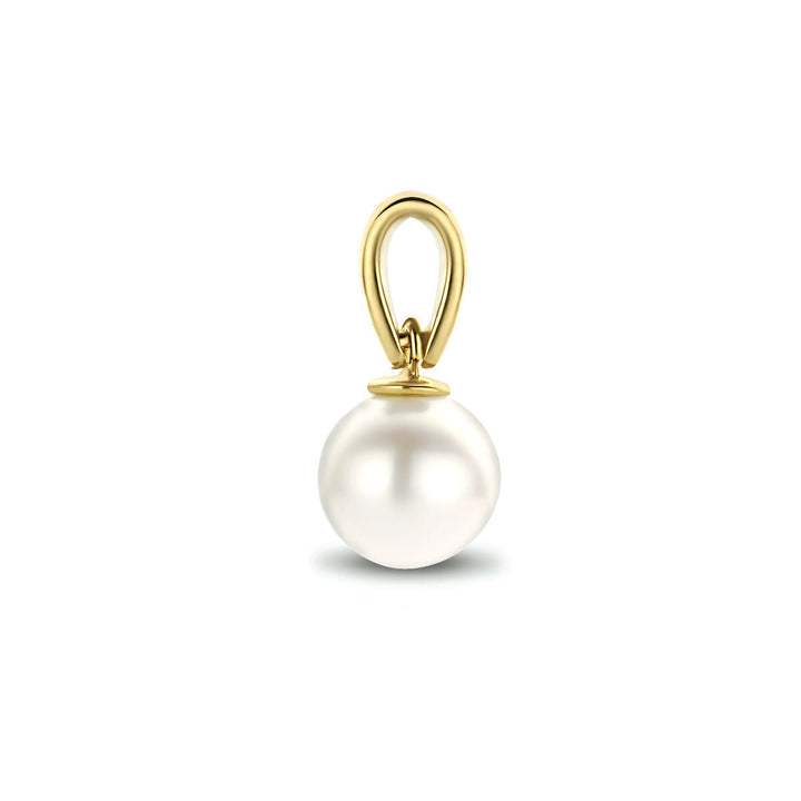 Elegante hanger parel 14K geelgoud van Van der Kooij Collectie: een enkele gladde witte parel op een verfijnde gouden bail, geshowd tegen een witte achtergrond-een tijdloze toevoeging aan elke sieradencollectie.