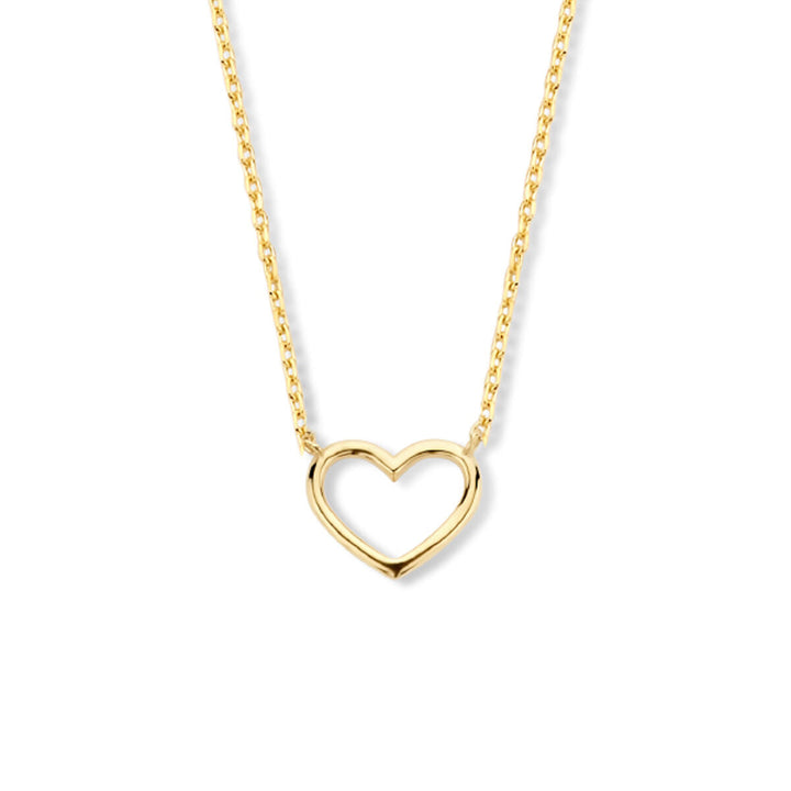 De Gouden dames ketting 14K van Van der Kooij Collectie heeft een delicaat open hartje, perfect als Valentijnsdag cadeau, afgebeeld op een effen witte achtergrond.