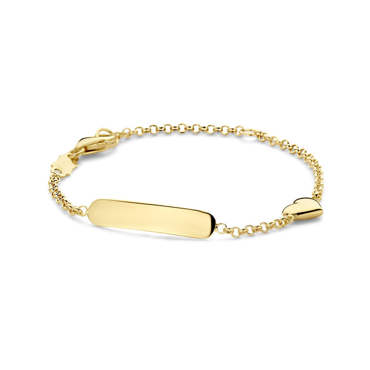 De Van der Kooij Collectie Baby armband goud hart plaat 3,5 mm 14K heeft een delicaat rechthoekig naamplaatje, een klein hart bedeltje aan één kant en wordt gesloten met een karabijnsluiting.