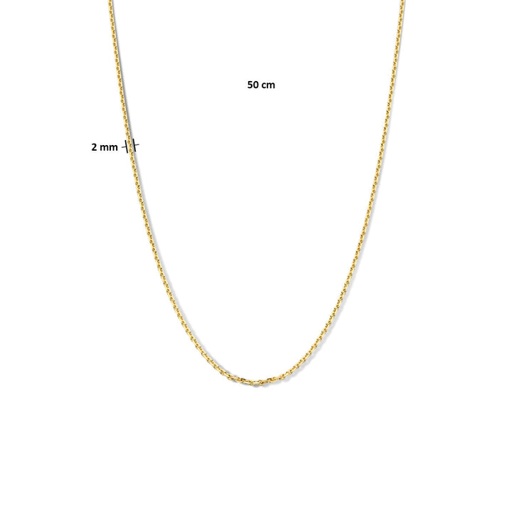 Het Van der Kooij Collectie collier anker gediamanteerd 2,0 mm in 14K geelgoud wordt weergegeven in een U-vorm op een witte achtergrond, aangegeven als 50 cm lang.