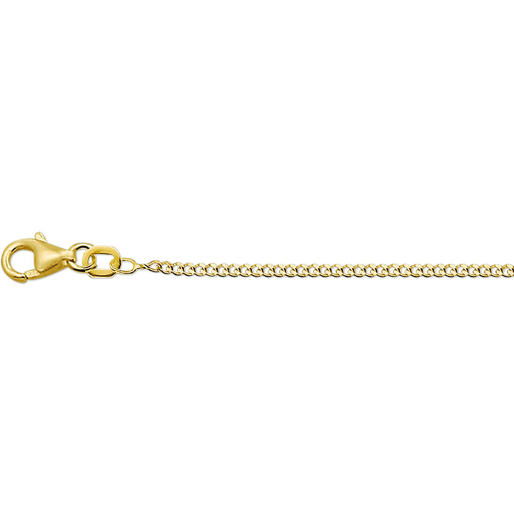 Een close-up van de Van der Kooij Collectie gourmette 4-zijdes geslepen 1,4 mm 19 + 2 cm (heren lengte) 14K geelgoud ketting met karabijnsluiting, afgebeeld tegen een witte achtergrond.