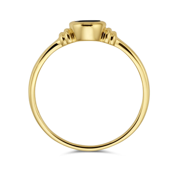 De Van der Kooij Collectie ring onyx 14K geelgoud heeft een slanke, ronde geelgouden band met een donkere onyx steen in een bezelzetting, van opzij gezien tegen een witte achtergrond voor een elegante look.