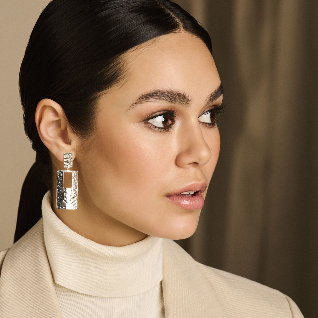 earrings rectangle hammered silver rhodium plated