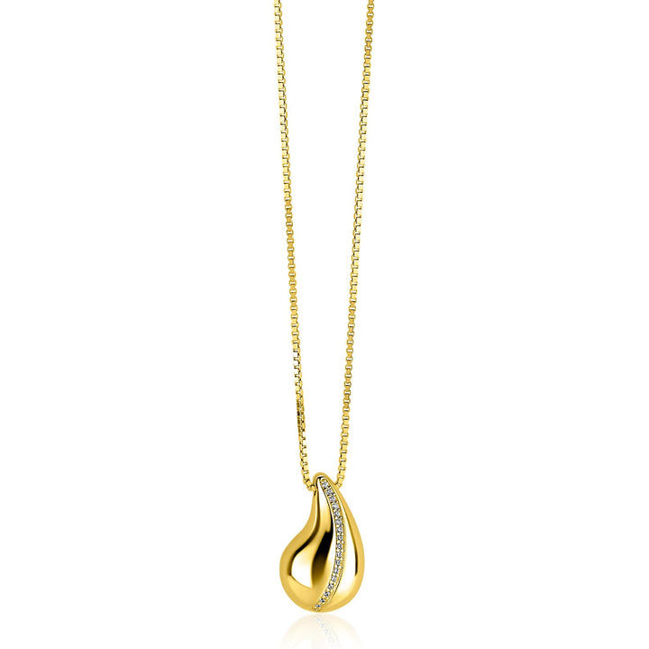 De Zinzi ketting verguld ZIC2707Y van Zinzi heeft een delicate doosketting met een druppelvormige hanger, aan één kant geaccentueerd door fonkelende witte zirkonia's.