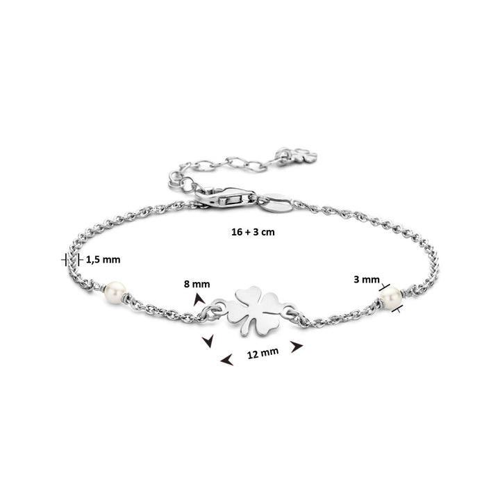 bracelet synth. pearl and clover 16 + 3 cm silver rhodium plated