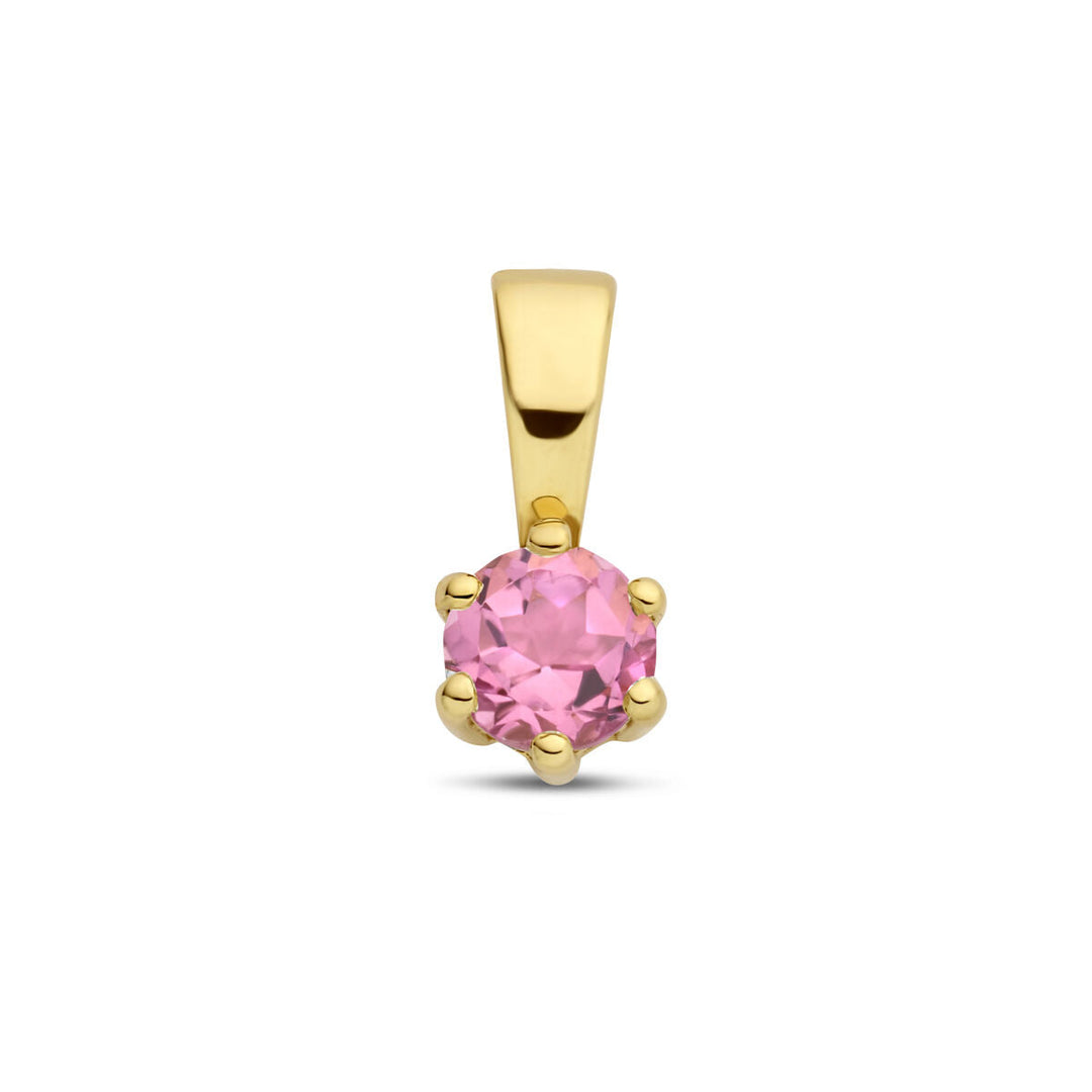 De hanger met geboortesteen 14K geelgoud uit de Van der Kooij Collectie heeft een ronde, gefacetteerde roze saffiersteen in zes pootjes, stijlvol gepresenteerd tegen een witte achtergrond.