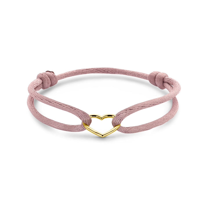 bracelet satin soft pink heart 13 - 26 cm 14K gold with rubber/nylon/leather