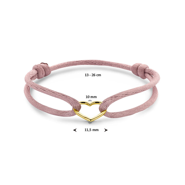 bracelet satin soft pink heart 13 - 26 cm 14K gold with rubber/nylon/leather