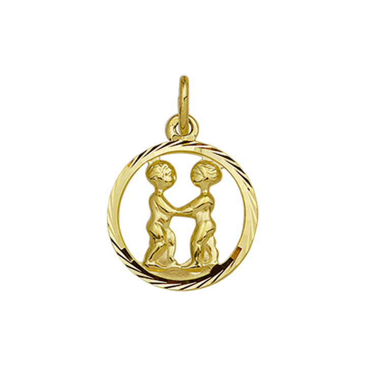 De Van der Kooij Collectie hanger sterrenbeeld gediamanteerd 14K geelgoud is een gouden hanger met twee identieke figuren voor Tweelingen, een gestructureerde rand en een kettinglus - perfect als unisex dierenriemhanger.