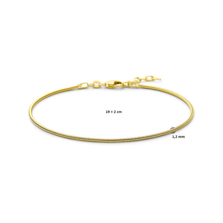 De Gouden armband heren slang rond 1,2 mm 14K van Van der Kooij Collectie is een elegante accessoire met karabijnsluiting, 19+2 cm lang. Het tijdloze ontwerp komt mooi uit op een witte achtergrond.
