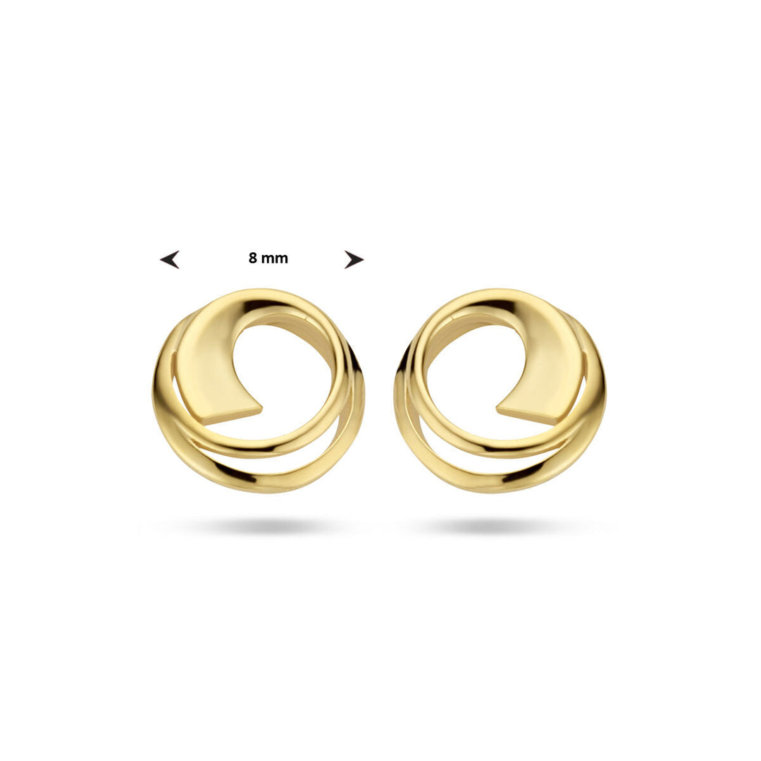 Van der Kooij Collectie oorknoppen rondje 14K geelgoud met abstract, verstrengeld ontwerp en ronde vorm van 8 mm, getoond op een witte achtergrond.